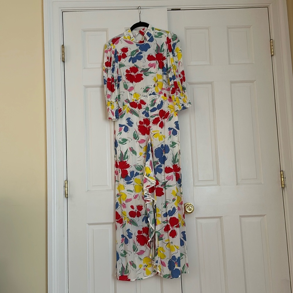RIXO Target White Floral Mock Neck Ruffle Dress